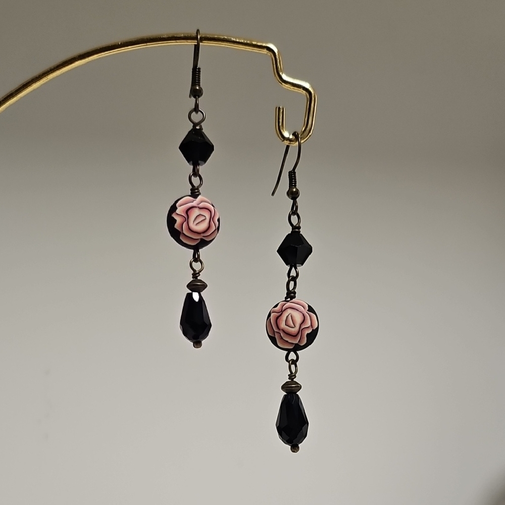 Artisan Black and Pink Rose Earrings - Picture 1 of 4